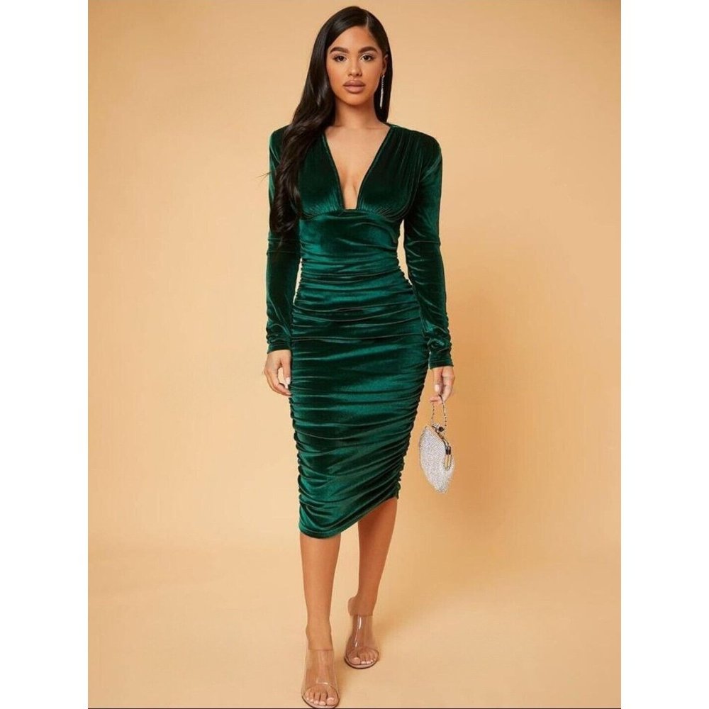 SHEIN Green Deep V Neck Ruched Velvet Party Bodycon Long Sleeve Dress sz 4 Small